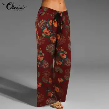

Celmia 5XL Plus Size Womens Printed Pants Cotton Linen Drawstring Loose Long Trousers Casual Loose Vintage Pantalones Femme Pant