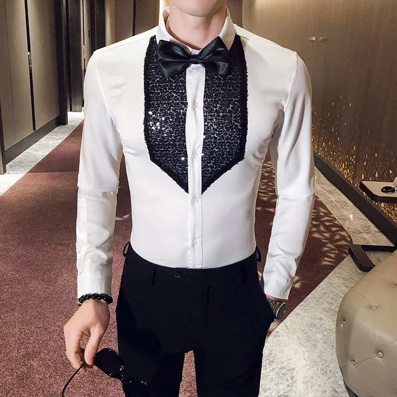 Tuxedo Shirt Blouse Dress Patch Slim-Fit Sequins Wedding-Prom Black Long-Sleeve White