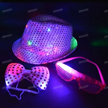 

Fedora Flashing Sequins Light Jazz Cap Hip Hop Hat Glasses Tie Glow Birthday LED Party Wedding Concert Bar Halloween Christmas