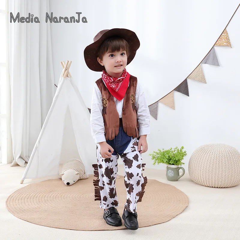 Children cowboy costume Long Sleeve Western Cowboy clothing Set hat+shirt+vest+pants halloween birthday peformance purim clothes