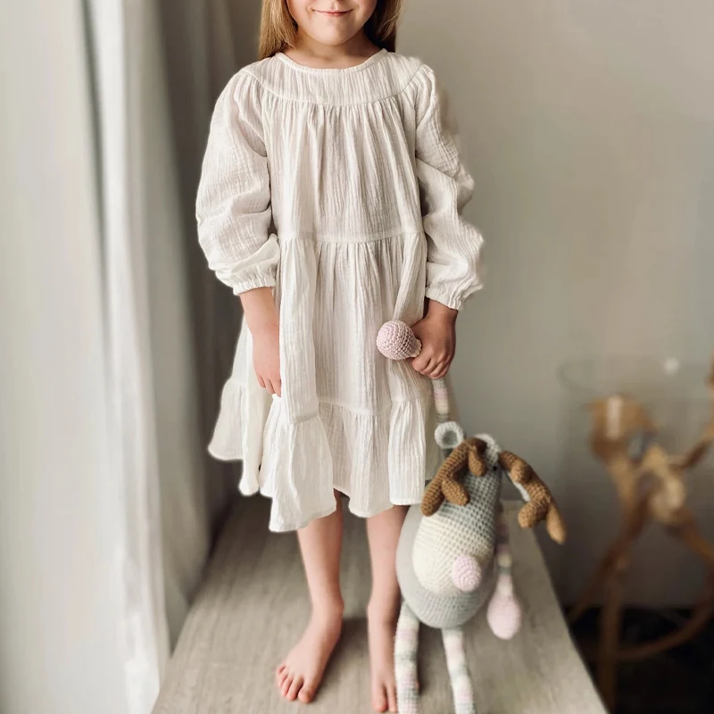 100% Cotton Girls Tiered Ruffle Dress Spring Autumn New Children Casual Loose Long-Sleeve White Sweet Princess Dresses TZ78 fashion baby girl skirt