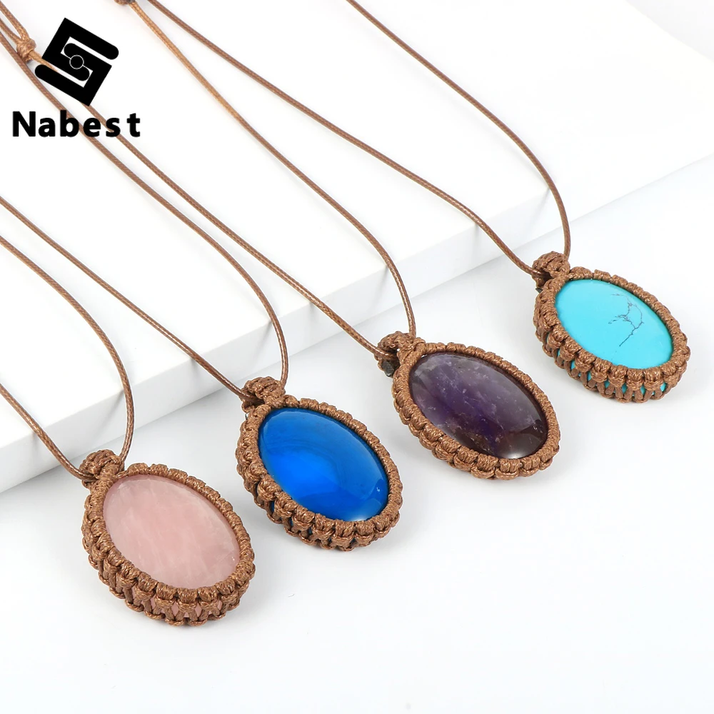 

Women Men Natural Oval Gem Stone Pendant Necklace Crystal Tiger Eye Lapis Lazuli Waxed Rope Braided Wrap Sweater Chain Jewelry