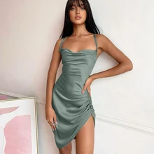 Mini robe froncée en Satin pour femmes, vêtement à bretelles, à lacets croisés, dos nu, moulante, Sexy, fête élégante, Club, noël, 2020 