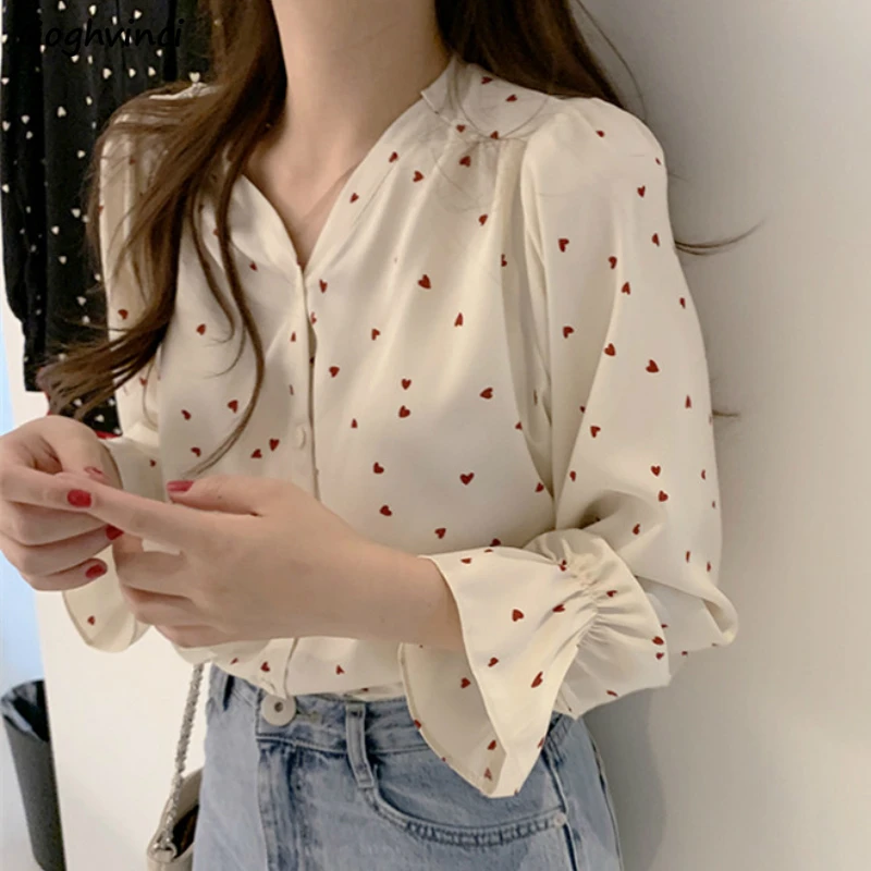 Mujer blusas acampanada manga larga con cuello en V Sexy impreso dulce elegante camisas de gasa mujeres de talla grande 2XL holgado Retro Chic elegante BF