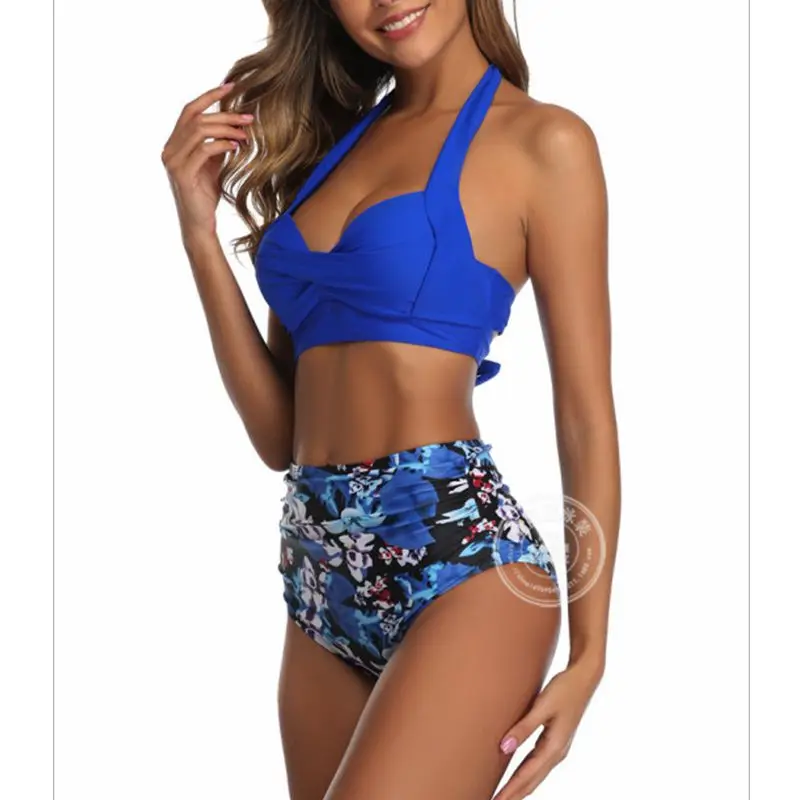 2020 Fashion swimwear women two piece Retro Halter Ruched High Waist Print Bikini Set Black Polyester Swimwear 2020 Fashion swimwear women two piece Retro Halter Ruched High Waist Print Bikini Set Black Polyester Swimwear