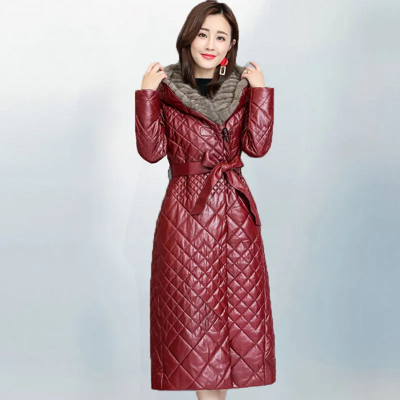 Jujube red Luxury Fashion Down Jacket Women's Clothing Hooded Mink Fur Collar Leather Jacket Female Waist Slim Long Down Coat Women - Цвет: Jujube red
