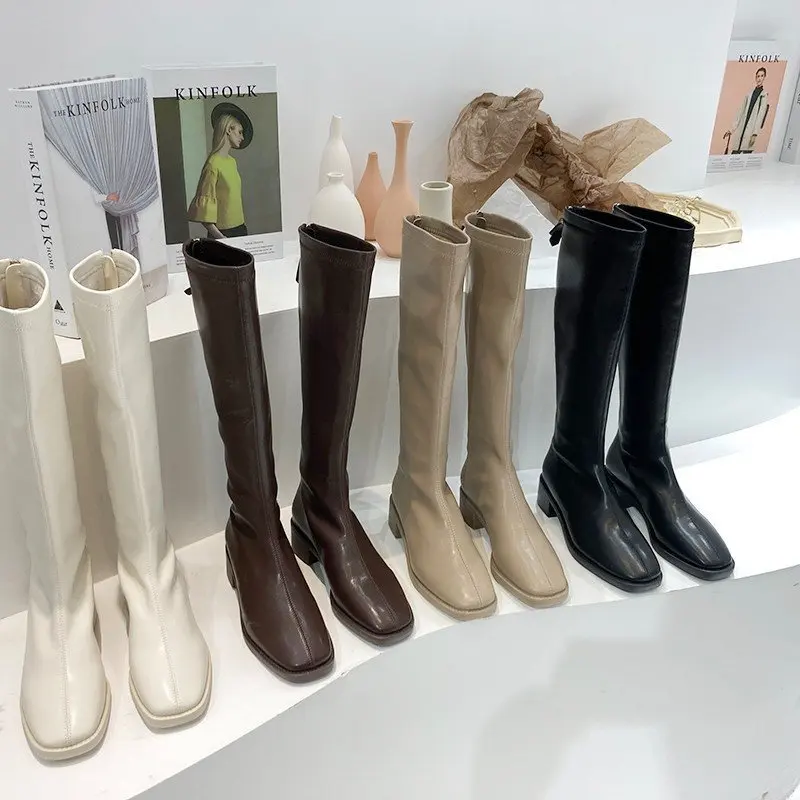 

2023 INS New Women Knee Boots Lady Winter Designers Square Toe Shoes Thigh High Boots Female Fashion Leather Long Boots Casual