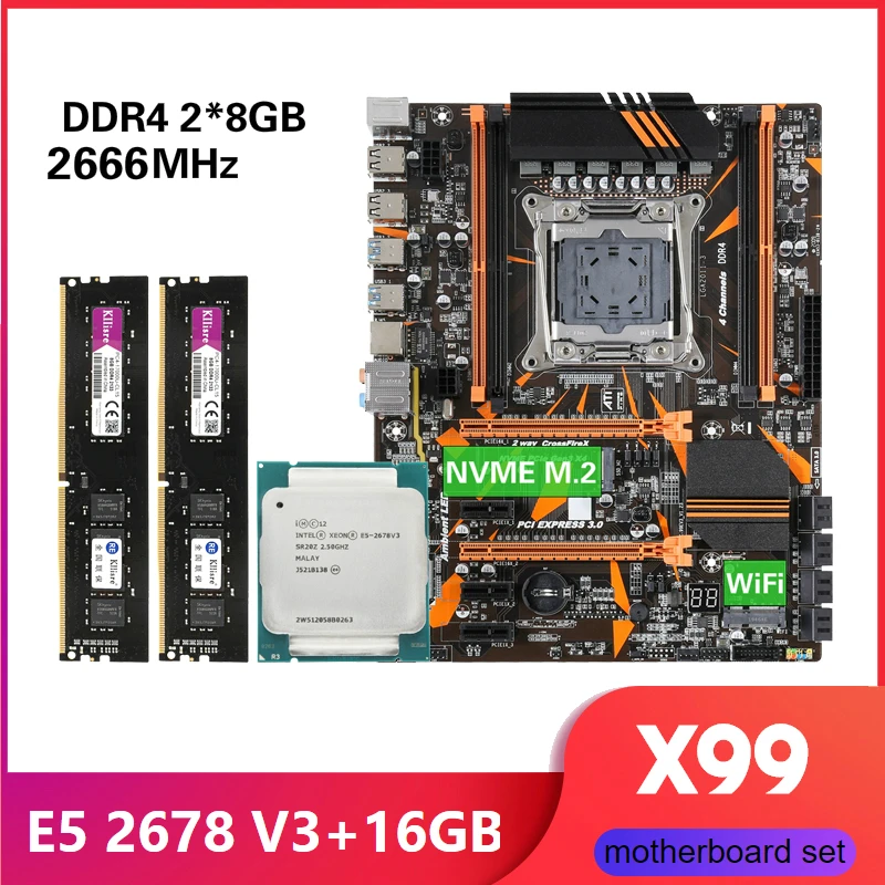 Kllisre X99 D4 материнская плата комбо с Xeon E5 2678 V3 LGA2011 3 CPU 2шт X 8 ГБ = 16 Гб 2666 МГц DDR4