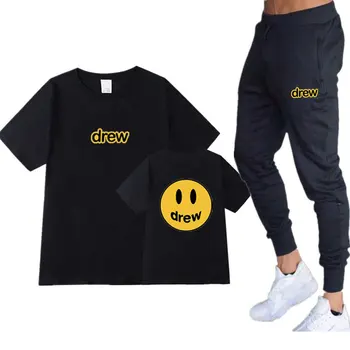 

New Men 2 piece set Justin Bieber Drew House Smile Face T shirt Sets Streetwear Casual t shirt plus trousers Sweatpants Suit