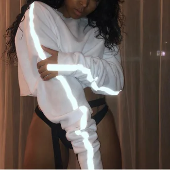 

Casual Oversized Hoodies Reflective Jumper Sweatshirt Fashion Female White Cropped Top Autumn Ladies Loose Pullover Plus Size