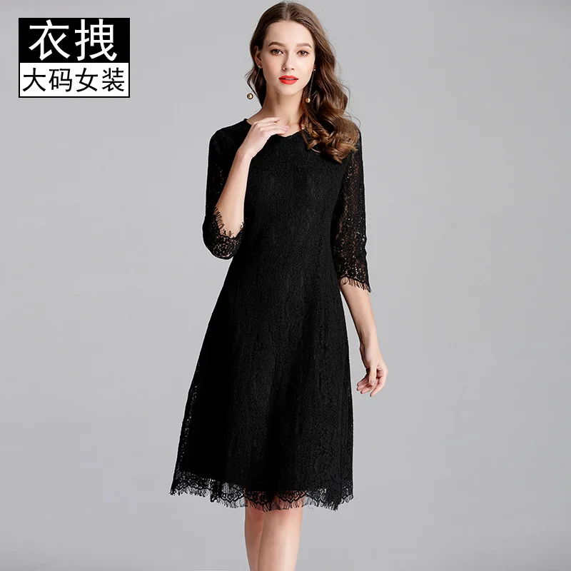 

2019 Autumn And Winter New Style Heart Shape Collar Slim Fit a Pendulum Lace Dress Three-quarter-length Sleeve Positioning Slimm