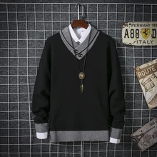 Зимний мужской свитер, теплый, модный, контрастный цвет, Повседневный, v-образный вырез, свитер, пуловер для мужчин, дикие, свободные, вязаные свитера, Мужская одежда, M-3XL