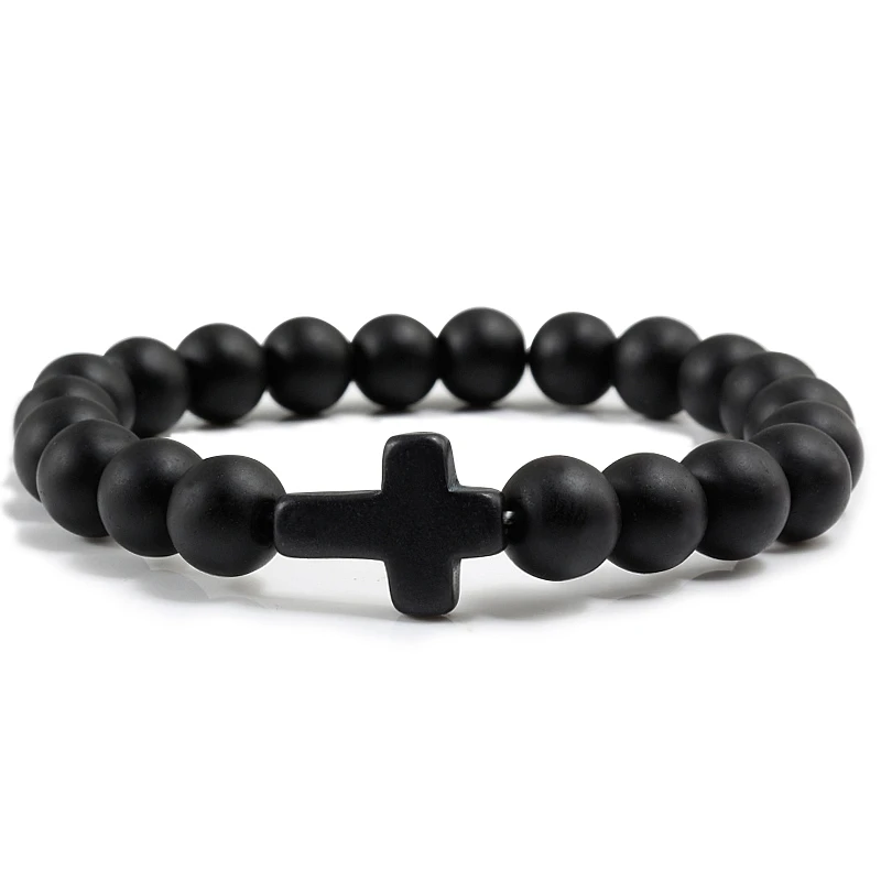 Natural Stone Bracelet Jesus Cross Blue Pine Black Lava Beaded for Women