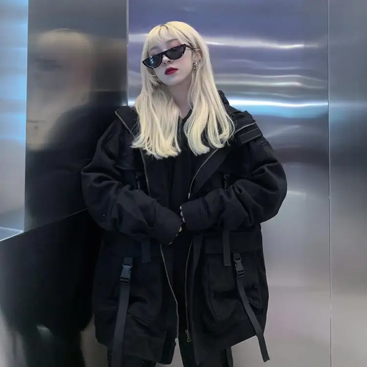 Корейская уличная одежда Harajuku черная джинсовая куртка для женщин негабаритных Карманов Куртки Твердые свободные Bf винтажные повседневные пальто