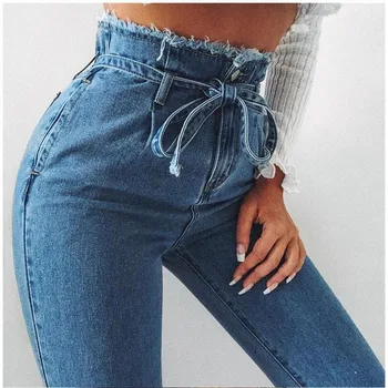 

High Waist Jeans For Women Slim Stretch Denim Bodycon Bandage Skinny Push Up Jeans Woman sexy plus size Tassel waist strap