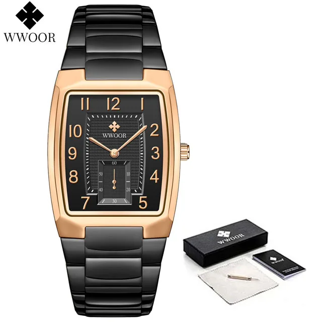 WWOOR Top Brand Luxury Fashion Stop Watches Mens 30ATM Waterproof Square Clock Casual Watch Mens Quartz Wrist Watch Reloj Hombre Rose black box