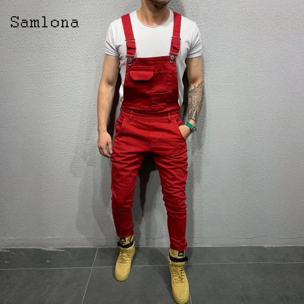 Pantalones vaqueros sexys de Color sólido para hombre, petos vaqueros informales con tirantes, pantalones vaqueros de bolsillo negro y rojo, ropa para hombre 2020