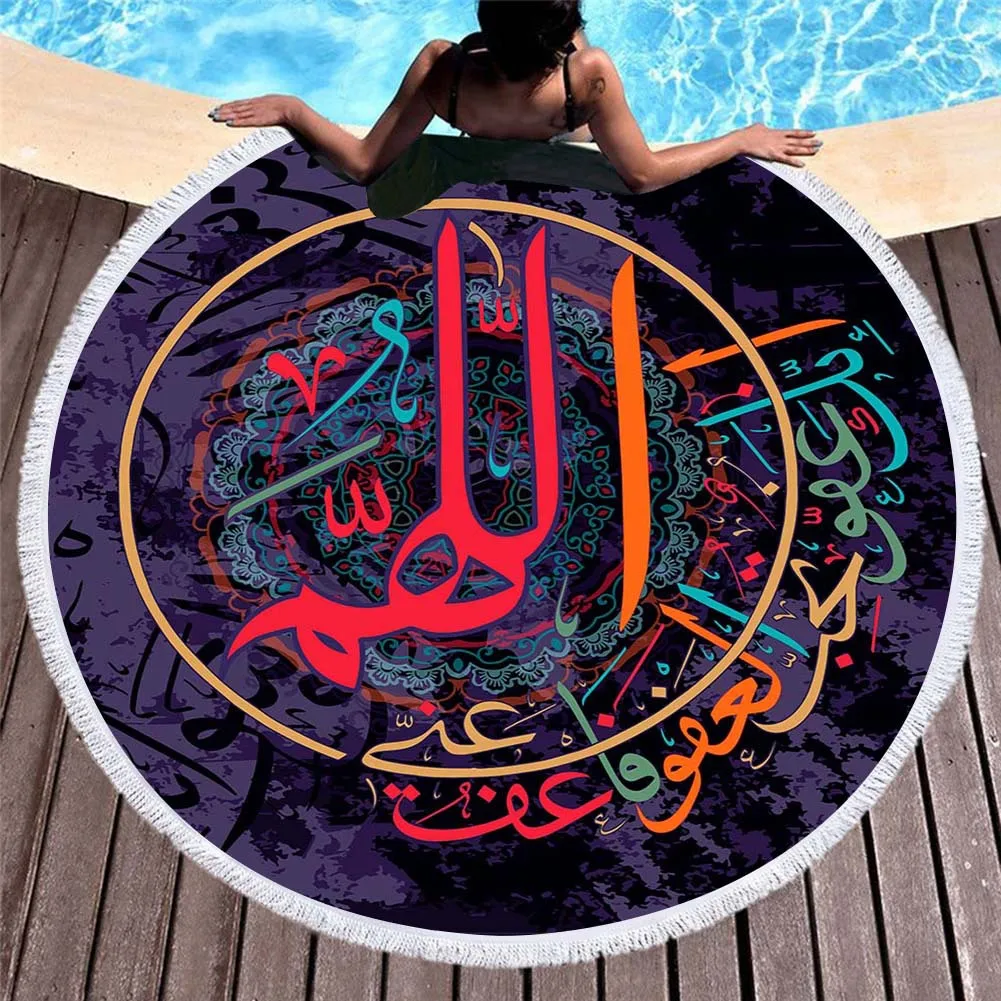 

2019 Europe And America 3D Digital Printing Creative Advertisement Beach Towel Superfine Fibre Circle Tassels Beach Mat