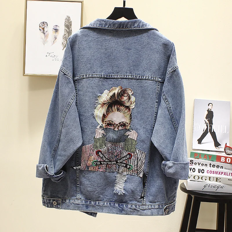 Günstige Gagarich 2020 BF Herbst Harajuku Gedruckt Ausgefranste Friesen Denim Jacke Lose Beiläufige Jeans Jacke Frauen Mantel Outwear Weibliche Jacke