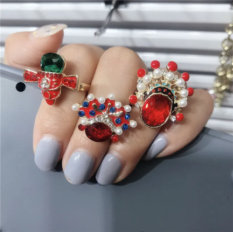 

AE-CANFLY National Style Vintage Pearl Gem Beijing Opera Mask Ring Fashion Popular Personality Opera Drama Ring Hand Jewelry