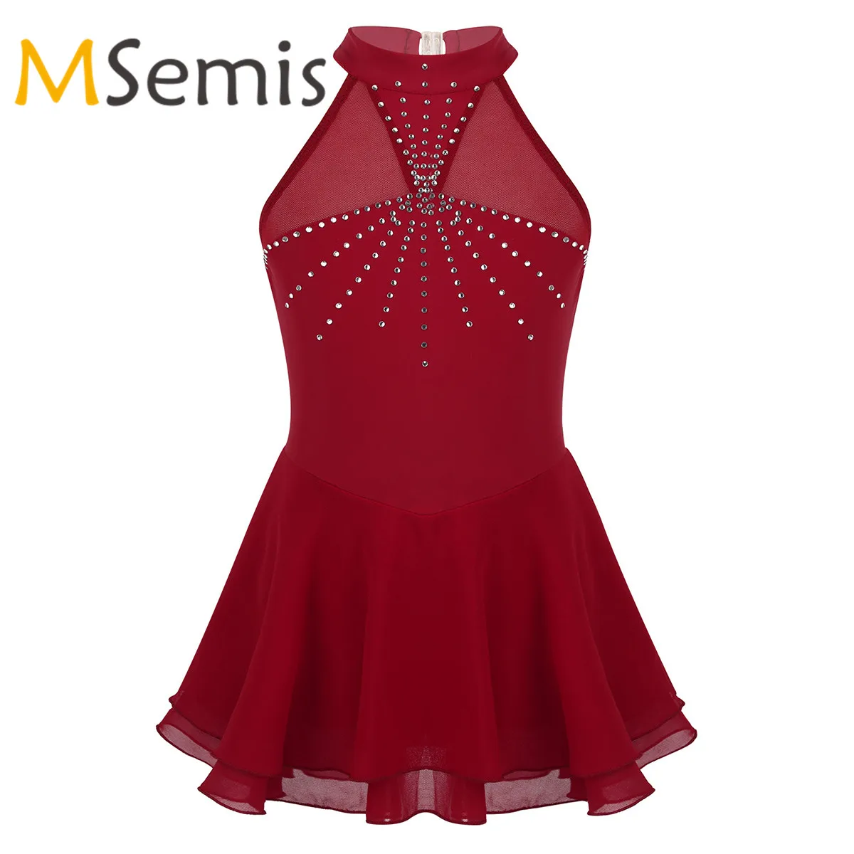 Kids Girls Figure Ice Skating Roller Dress Sleeveless Halter Sparkly Rhinestone Mesh Splice Ballet Dance Leotard |