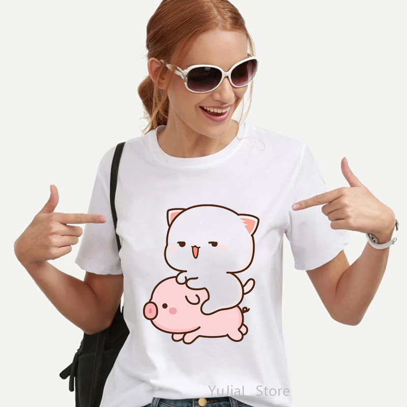 Kawaii Women'S Clothing Peach And Goma Mochi Cat Cartoon Print Tshirt Femme Korean Style Clothes Harajuku T Shirt Tops tee shirts