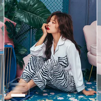 

Women Pajama Sets Zebra Print Women Satin Sleepwear Autumn 2020 Long Sleeve Pijama 2 Pieces Casual Silk Pyjama Fashion