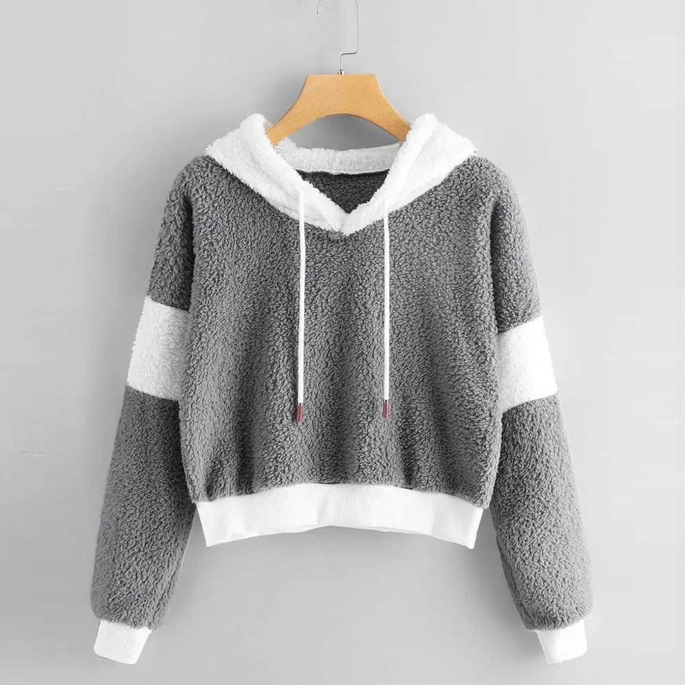 

Fashion Women hoodies Fluffy Drawstring Long Sleeve Patchwork Sweatershirt Hoodie Tops Lady Sweatshirt Hooded Female Jumper HS3M