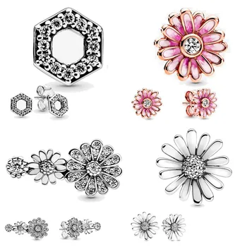 

2020 Fashion 100% 925 Sterling Silver Earrings Pink Daisy Flower Stud Earrings Women Anniversary Engagement Jewelry Gift