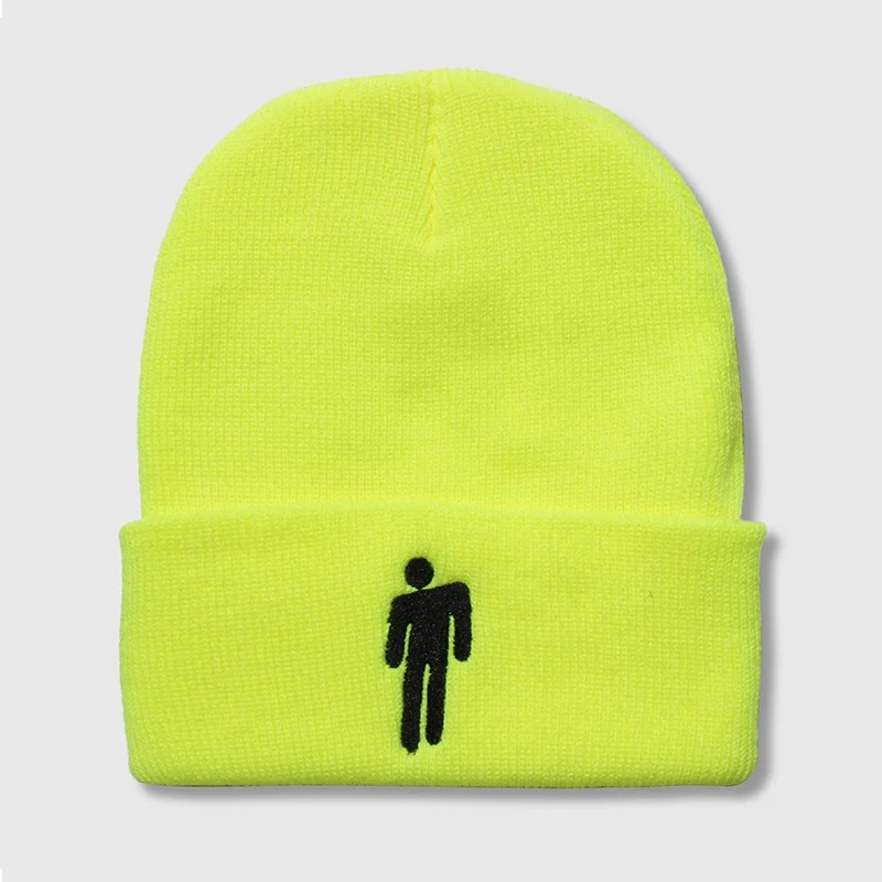 Вязаная шапка с вышивкой Billie Eilish для мужчин и женщин, зимние теплые шапки, уличные Повседневные шапки, шапки Унисекс Skullies Beanies - Цвет: Fluorescent Yellow