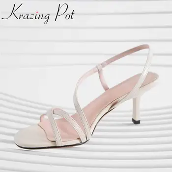 

Krazing pot new basic simple genuine leather peep round toe women sandals back strap thin high heels breathable summer shoes L81