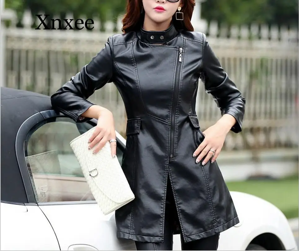 M-5XL кожаная куртка женская модная тонкая Лоскутная Длинная женская куртка высококачественная искусственная кожа мотоциклетная Осенняя зимняя верхняя одежда