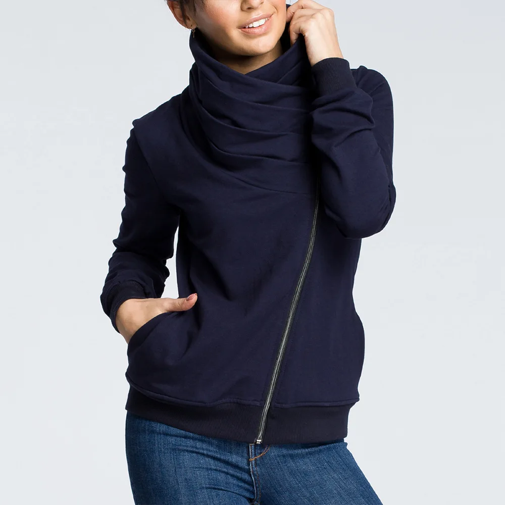 

2019 New Fall Women Coat Sweatshirt Casual Long Sleeve Female Irregular collar folded pocket jacket with inclined zipper Jacket