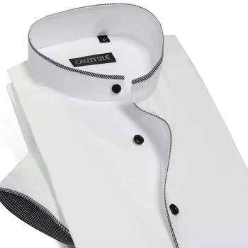 

Men's Short Sleeve Banded Collar with Black Piping Dress Shirt Summer Smart Casual Slim-fit Cotton Thin Solid Male Tops Shirts