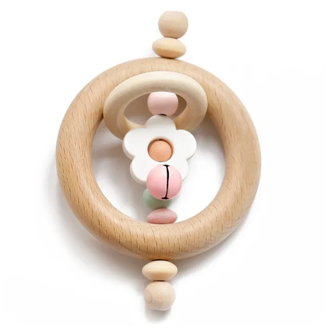 Baby Wooden Rattle Beech Bear Hand Teething Wooden Ring Baby Rattles Play Gym Montessori Stroller Toy Educational Toys for Kid set-18
