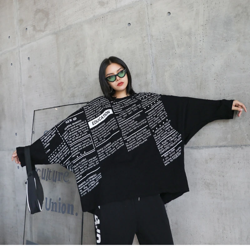 [EAM] Women black letter printed big size T-shirt New Round Neck Long batwing  Sleeve Fashion Tide  Spring Autumn 2020 1DA105