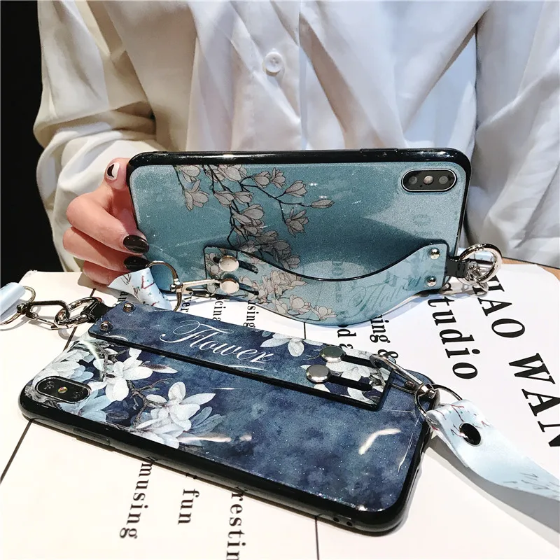 Glitter Flowers Case For Samsung Galaxy S8 S9 S10 5G S20 Plus S21 FE S22 Note 8 9 10 20 Ultra Shoulder Strap Lanyard Phone Cover