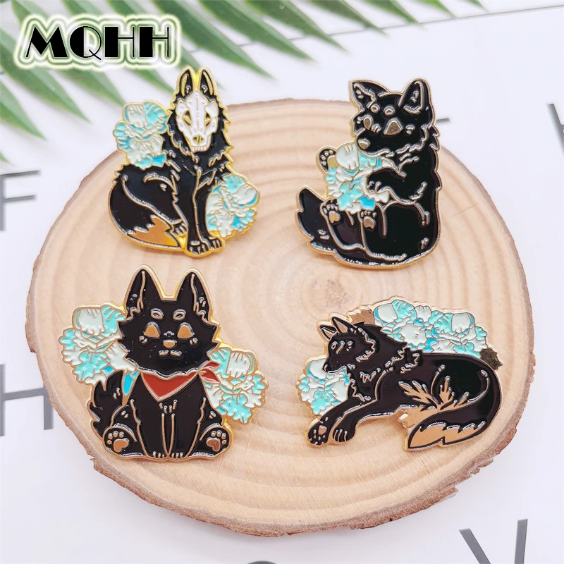 Creative Punk Black Animal Flowers Enamel Pins Wolf Dog Fox Cat Alloy Brooch Badge Clothes Accessories Fashion Jewelry Gifts | Украшения и