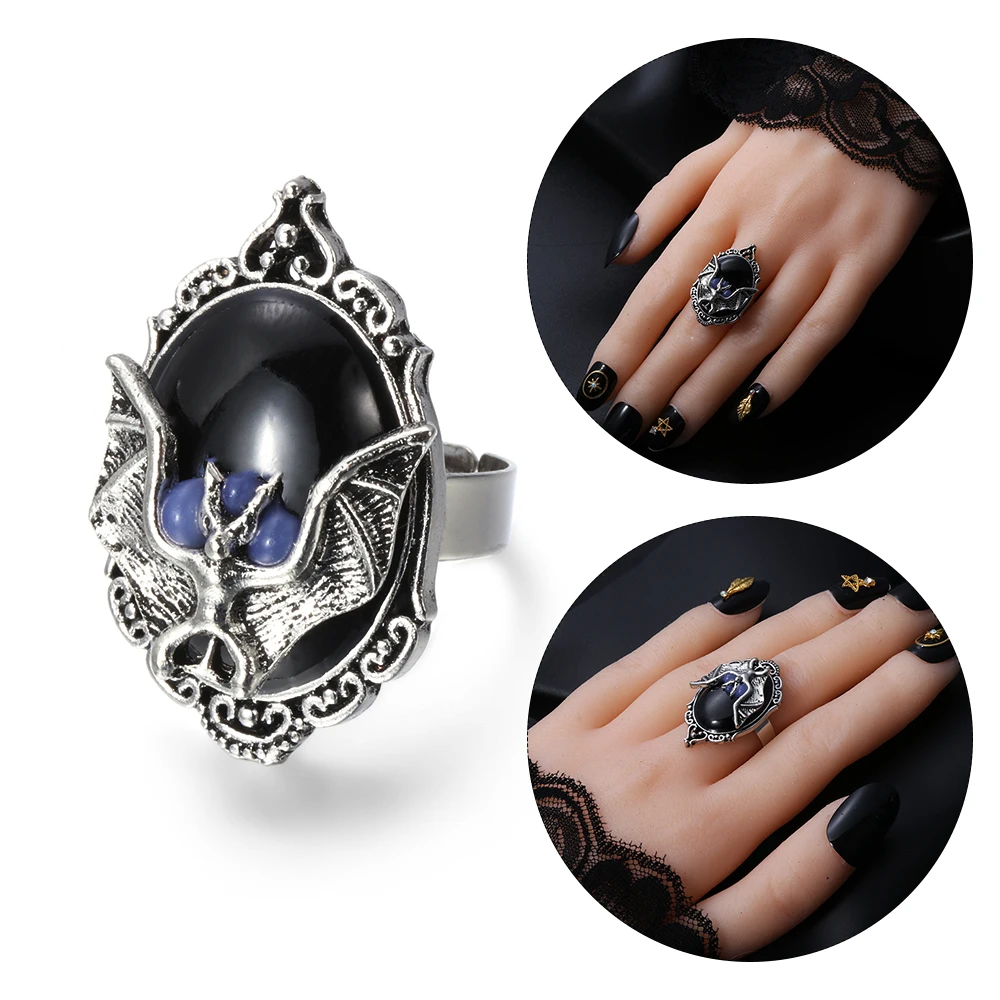 Готическое кольцо «летучая мышь», кольцо с кристаллами, готическое кольцо ведьмы, викторианские языческие украшения, подарок для любителей летучей мыши, регулируемые кольца с камеей летучей мыши