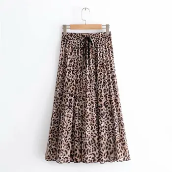 

2018 New Women Vintage leopard printing pleated midi skirt faldas mujer ladies elastic waist sashes chic mid-calf skirts QUN119
