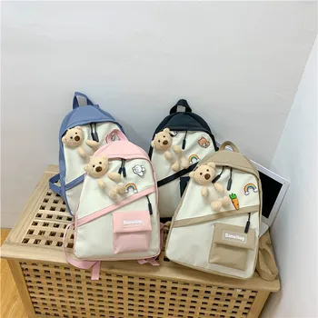 

Women Backpack waterproof Shoulder Bags Cute Bear Pendant Multifunction Rucksack Causal Travel Multicolor School Bag for Student