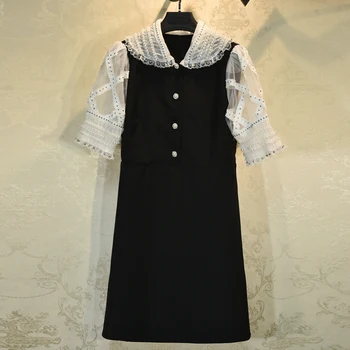 

HIGH STREET New Fashion 2020 Summer Designer Runway Dress Women's Sailor Collar 3/4 Sleeve Lace Gauze Diamonds Beaded Dress