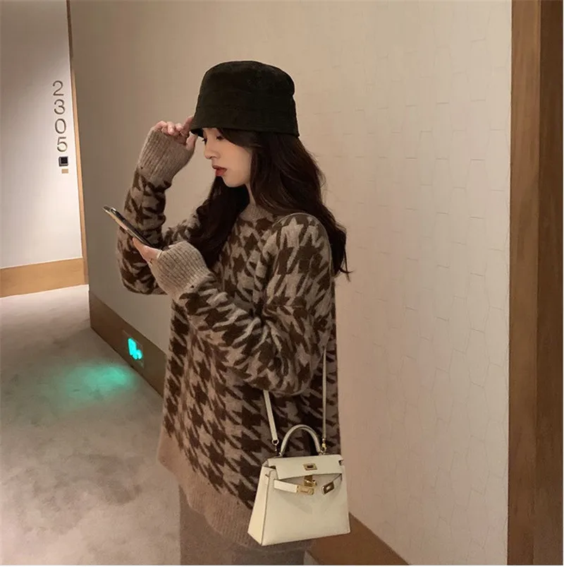 CBAFU fashion houndstooth women sweater pullovers long sleeve o neck soft knitted sweater autumn winter basic pullover P613