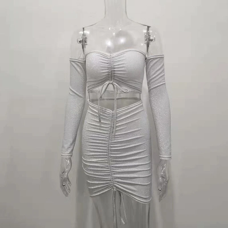 White Осенние женские спортивные костюмы, блестящий комплект из двух предметов, укороченный топ, мини юбки, Сексуальные клубные Вечерние платья из двух частей, обтягивающие наряды LX208 - Цвет: White