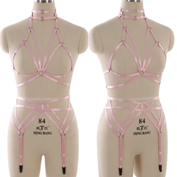 

Harness Bra Set Pink Strappy Top Cage Neck Lingerie High Waist Garter Suspender Elastic Plus Size Punk Gothic Dance Wife Gift