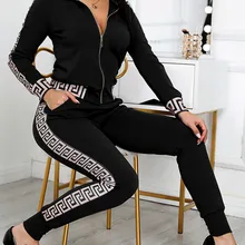 2021 Tracksuits Women Elegant Two-Pieces Suit Sets Female Stylish Greek Fret Print Coat & Pant Zip Sets Joggers y2k