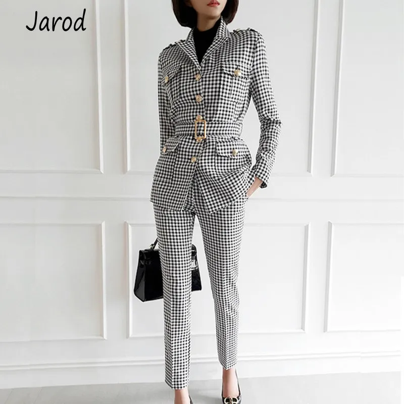 

2019 Autumn Elegant Office Lady Pant Suit Set Women Business Work Wear 2 Piece Set Plaid sashes Jacket Blazer+OL pencil Pant Set