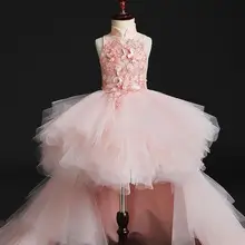 Тюлевое платье с цветочным узором для девочек; платье для первого причастия с длинным шлейфом; вечерние платья принцессы для маленьких девочек на свадьбу; праздничное вечернее платье; платье с цветочным узором для девочек