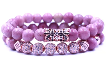 

8mm 2PCS/Set hjfg3 elastic adjusted nature Rhodochrosite micro pave cz zircon cubic zirconia tube Bracelet Jewelry