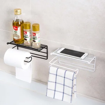 

Kitchen Organizer Cocina Storage Rack Shelf with Roll Paper Holder Rag Towel Rack Kitchen Bathroom Supplies Wall Mounted